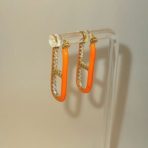 Emma Pills THE OG Earings Orange Enamel over Gold-Tone Clear Crystals New